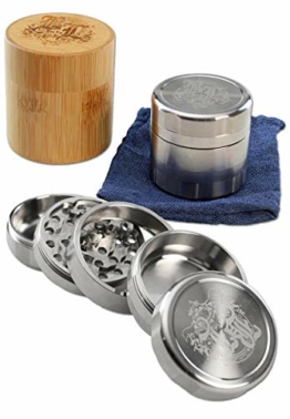 Black Leaf BL Deluxe Grinder 5-teilig Ø 59mm | hochwertiger Crusher aus rostfreiem Stahl | Premium Grinder mit Jeansbeutel und Bambus Box | Höhe 56mm - 1