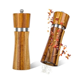OVOOKER Salz und Pfeffermühle aus Holz - Edle Gewürzmühlen aus Akazienholz , Gewürzmühlen mit Robustem Keramikmahlwerk (16,5 cm) , Geschenkidee (2 Stuck) - 1