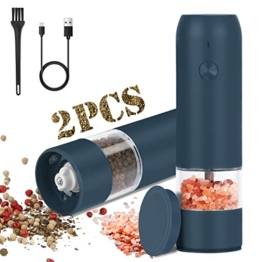 Pfeffermühle Elektrische Salz und Pfeffermühle USB Aufladbare 2er Set Gewürzmühle mit Einstellbar Keramikmahlwerk, LIBERRWAY Salzmühle mit LED - Grau Blau - 1