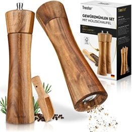 Troster® Gewürzmühlen Set Holz - 3er Set - Pfeffer und Salzmühle, Gewürzschaufel - Gewürzmühle Keramikmahlwerk - Salzmühle Holz groß - Pfeffermühle Holz groß - Salz und Pfeffermühle Holz Geschenk - 1